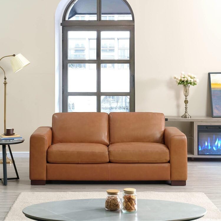 Naomi Home Oversized Genuine Leather Modern Loveseat Sofa - Small Love Seat Sofas Couch - Mid-Century Living Room Furniture Couch, Eco-Friendly Corner Loveseats - Tan Naomi Home