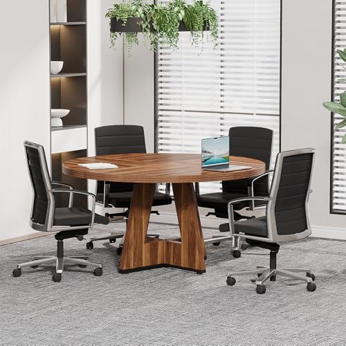 Tribesigns 47-Inch Round Conference Table for 4-6 People, Wooden Meeting Room Table with Thicken Tabletop and Wood Base, Modern Meeting Training Desk for Conference Room Seminar Room (Walnut) - WoodArtSupply