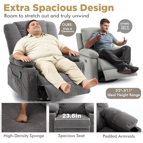 Overstuffed Fabric Swivel Rocker Recliner with Massage and Heat,360° Recliner Chair Rocking Glider Chair with Cup Holder for Adult,Grey Comermax