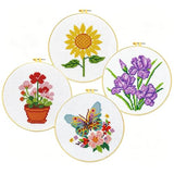 Zhenqing 4-Pack Floral Cross Stitch Kits – 11CT 20x20cm Aida Cloth with Iris, Sunflower & Butterfly Designs – Vibrant Home Decor Embroidery Set（68157）