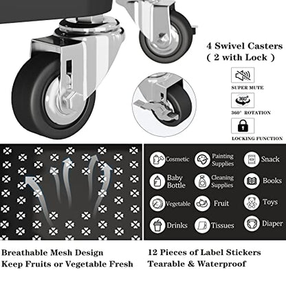 UDEAR 3-Tier Rolling Utility Cart with 12 Category Labels,Multifunctional Comagtable Rolling Shelving with Handle and Lockable Wheels for - WoodArtSupply