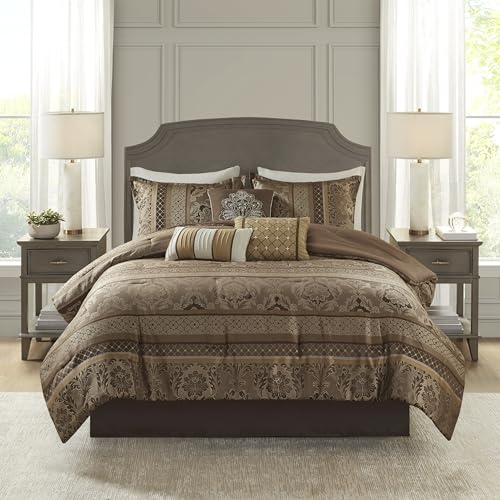 Madison Park Bellagio Cozy Comforter Set - Luxurious Jaquard Traditional Damask Design, All Season Down Alternative Bedding with Matching Shams, Decorative Pillow, Queen(90"x90"), Brown/Gold 7 Piece Madison Park