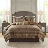 Madison Park Bellagio Cozy Comforter Set - Luxurious Jaquard Traditional Damask Design, All Season Down Alternative Bedding with Matching Shams, Decorative Pillow, Queen(90"x90"), Brown/Gold 7 Piece Madison Park