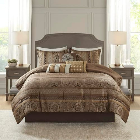 Madison Park Bellagio Cozy Comforter Set - Luxurious Jaquard Traditional Damask Design, All Season Down Alternative Bedding with Matching Shams, Decorative Pillow, Queen(90"x90"), Brown/Gold 7 Piece Madison Park