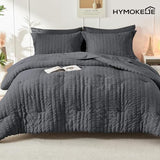 HYMOKEGE Queen Comforter Set Seersucker 7 Pieces, All Season Luxury Bed in a Bag for Bedroom, Bedding Set with Comforters, Sheets, Pillowcases & Shams, Dark Grey HYMOKEGE