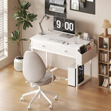KAI-ROAD White Makeup Vanity Desk with Chair no Mirror, Small Vanity Table with Fabric Drawers, Power Outlet & Stool Without Mirror, Modern Make Up Desk Set for Bedroom KAI-ROAD