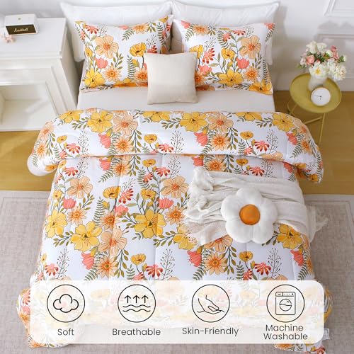 Mooreeke Floral Duvet Cover Twin Size, 2 Piece Pink & Yellow Flower Patterned Duvet Cover Set with Zipper Closure, Soft & Breathable Microfiber Bedding Set with 4 Corner Ties and 1 Pillow Sham Mooreeke