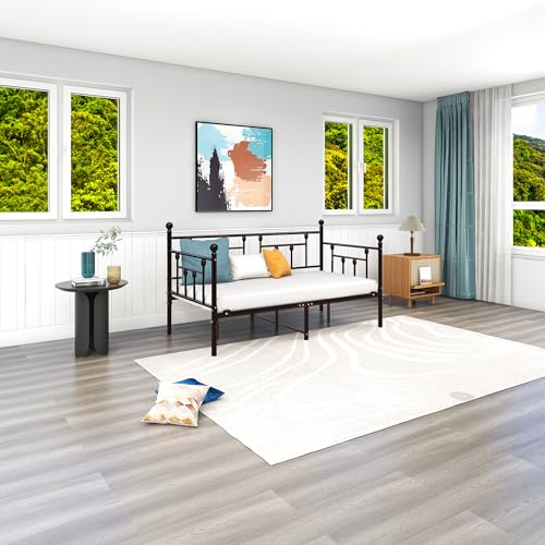 HOMERECOMMEND Metal Daybed Frame Twin Metal Slats Platform Base Box Spring Replacement Bed Sofa for Living Room Guest Room (Twin, Black Sanded) HOMERECOMMEND