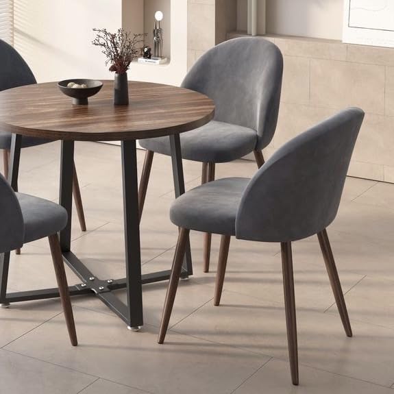 INO Design 5-Pieces Modern 35'' Inch Round Wooden Dining Table Set for 4 Comfortable Velvet Chairs, Space Saving Kitchen Furniture, Small Apartment Coffee Table Set (Grey) INO Design