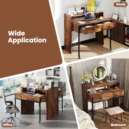 Giantex Small Computer Desk with Hutch & Drawers, Extendable Writing Desk w/Pull Out Secondary Table, Monitor Stand & Rolling Wheels, Console Table, Compact Desk for Small Spaces (Rustic Brown) Giantex