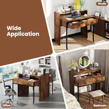 Giantex Small Computer Desk with Hutch & Drawers, Extendable Writing Desk w/Pull Out Secondary Table, Monitor Stand & Rolling Wheels, Console Table, Compact Desk for Small Spaces (Rustic Brown) Giantex