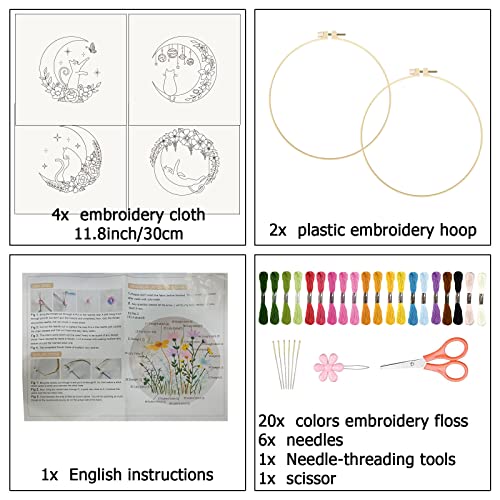 ORIGACH 4 Pack Cat Moon Embroidery Kits for Beginners, DIY Starter Hand Embroidery Kit with Moon Floral Patterns and Instructions