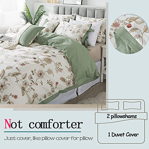 FADFAY Floral Bedding Set Full 100% Cotton Shabby and Chic Beige Green Reversible Duvet Cover Vintage Pink Flower Print Bed Covers Luxury Girls Pretty Bowknot Soft Crisp Zipper Comforter Cover 3Pcs FADFAY