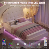 Decofy Cookie Full Upholstered Bed Frame with LED Lights, Floating Bed Frames with Adjustable Headboard and Raised Footboard for Princess/Prince Bedroom, Teddy Velvet（White） Decofy