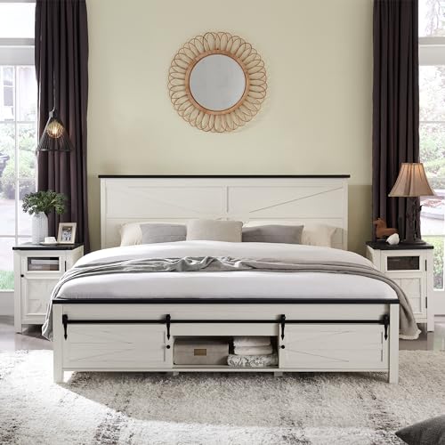 Farmhouse King Size Bed Frame with Sliding Barn Door Storage - JXQTLINGMU Antique White - WoodArtSupply