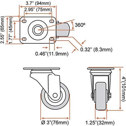 8 Pack 3 Inch Combo Caster Swivel Plate 4 w/Brake & 4 Plate Heavy Duty on Red PU Wheels with Heavy Duty Screws