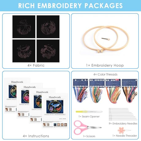 ERKOON 4 Set Embroidery Kit for Beginners, Cross Stitch Set Include Embroidery Cloth Hoops Threads for Craft Lover Hand Stitch with Embroidery Skill Techniques (Marine Animals) ERKOON