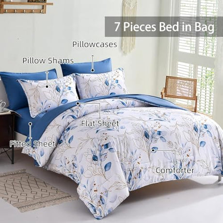 WONGS BEDDING 7 Pieces Blue Floral Bed in a Bag King, Botanical Comforter Set Reversible Blue Gold Leaves Bedding Set King (1 Comforter,2 Pillowcase,2 Pillow Shams,1 Flat Sheet,1 Fitted Sheet) WONGS BEDDING