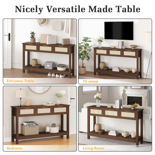 Luoxiao Console Table for Entryway with 3 Rattan Drawers Boho Entry Table with Storage Open Shelf, Narrow Long Sofa Tables for Living Room, Hallway, Foyer, Couch, Front Door, Walnut, 47 Inch Luoxiao