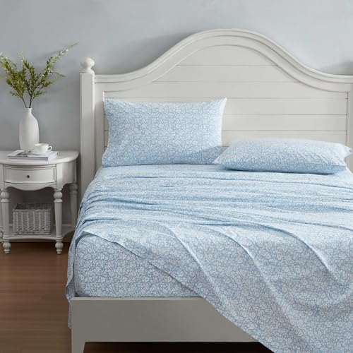 Laura Ashley - Queen Sheets, Cotton Percale Bedding Set, Lightweight & Breathable Home Decor (Heirloom Ditzy Blue, Queen) Laura Ashley