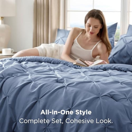 Bedsure Queen Comforter Set Slate Blue - Bed in a Bag Queen Size Bedding 7 Pieces, GentleSoft™ Pintuck Bed Set Gift for Family, Pinch Pleat All Season Comforter with Sheets, Pillowcases & Shams Bedsure