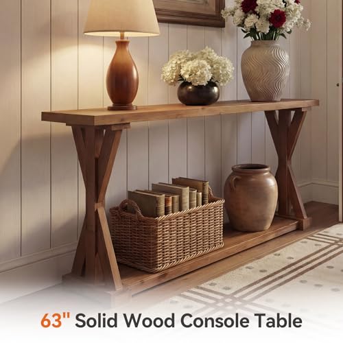 TRIBEWOOD Solid Wood Console Table for Entryway, 63-Inch Narrow Farmhouse Entryway Table with Storage, 2-Tier Sofa Console Behind Couch, for Living Room, Hallway, Easy Assembly, Rustic Brown TRIBEWOOD