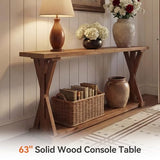 TRIBEWOOD Solid Wood Console Table for Entryway, 63-Inch Narrow Farmhouse Entryway Table with Storage, 2-Tier Sofa Console Behind Couch, for Living Room, Hallway, Easy Assembly, Rustic Brown TRIBEWOOD