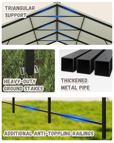 Greesum 10x15FT Metal Carport with Heavy Duty Frame and Galvanized Steel Roof, Vertical Carports with Side Support Rods, Canopy Shelter for Car, Pickup Trucks, Boats and Tractors, Party, Gray Greesum