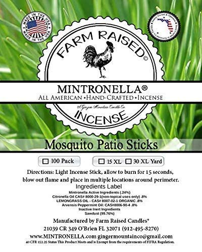 Mosquito Repellent Outdoor Patio Sticks - 100 USA Made by Farm Raised Candles. Fly Repellent Outdoor Mintronella Natural Mosquito Repellent Camping Essentials citronella Oil incense sticks outdoor. Farm Raised Candles