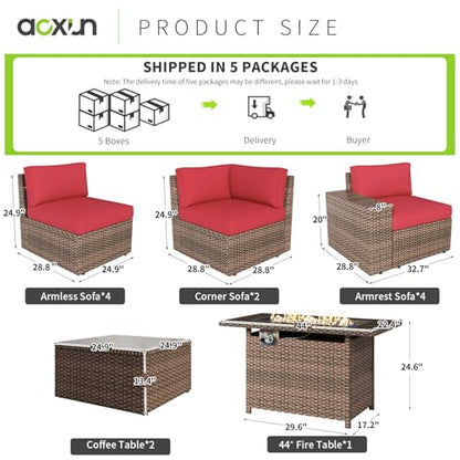 Aoxun Patio Furniture Set 13 Pieces Wicker Rattan Outdoor Furniture with 44” Fire Table Patio Sectional Sofa with Thickened Cushions, Red (Include Waterproof Cover)