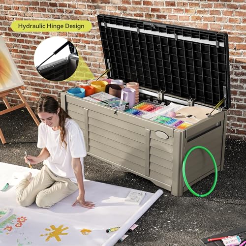 YITAHOME 120 Gallon Large Outdoor Storage Deck Box, Waterproof Cushion Storage Bench with Lockable Lid for Patio, Pool Supplies, Garden Tools, Resin, Black & Brown YITAHOME