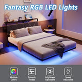 HOJINLINERO Floating Queen Bed Frame with Headboard&Storage Shelf,Ergonomic Queen Size Bed Frame with USB Charging& LED Lights,Platform Bed Frame Noise-Free Metal Slats | Modern Bedroom Design HOJINLINERO