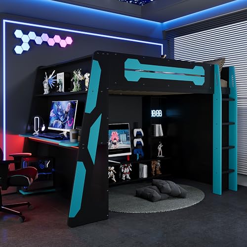 KLMM Modern Full Size Wood Gaming Loft Bed with Desk and Charging Station, Multi-Storage Shelves and LED,for Kids Teens Adults Bedroom Use (Cloud Blue#RGB, Full) KLMM