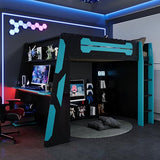 KLMM Modern Full Size Wood Gaming Loft Bed with Desk and Charging Station, Multi-Storage Shelves and LED,for Kids Teens Adults Bedroom Use (Cloud Blue#RGB, Full) KLMM