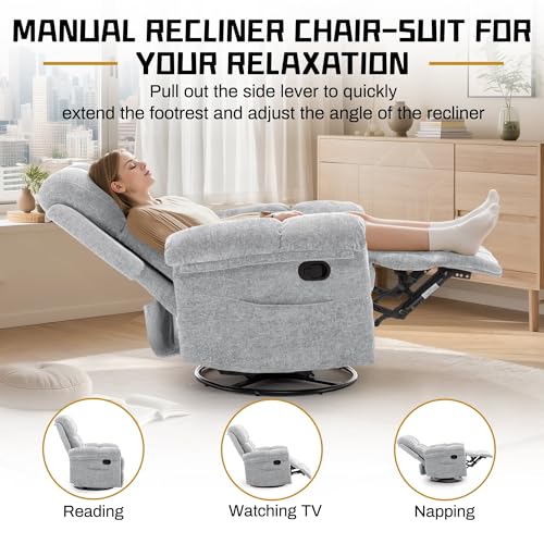 Korser Recliner Chair, Swivel Rocker Recliner Chair for Adults, Small Recliners for Small Spaces, Manual Recliner Chair with Side Pockets, Nursery Rocking Chair for Living Room, Chenille, Silver Grey