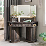 T4TREAM Makeup Vanity Desk 48" with 3 Way Mirror and Lights, Large Farmhouse Corner Vanity Dressing Table with Glass Top & Charging Station, 3 Drawers & 2 Storage Cabinets, Dark Rustic Oak T4TREAM