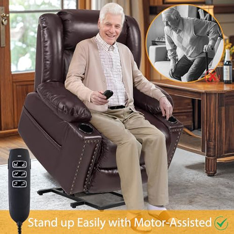 Cfvyne Triple Motor Large Power Lift Recliner Chair for Elderly with Heat and Massage, Lay Flat Lift Chairs for Seniors Infinite Position, Extended Footrest (Dark Brown) Cfvyne