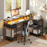 DUMOS 53” Gaming Desk with USB Charging Ports & LED Lights, Reversible L Shaped Desks Computer Corner Gamer Table with Power Outlets Monitor Stand Storage Shelves for Home Office Small Space, Black DUMOS