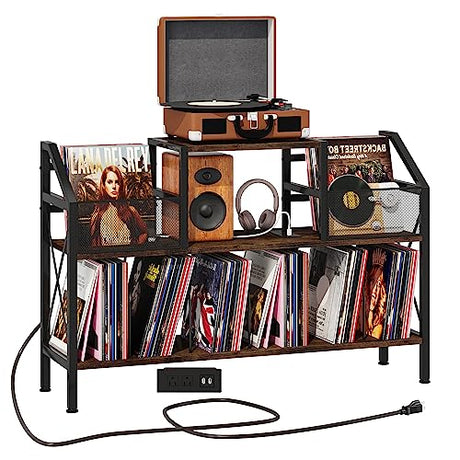 Homeiju Record Player Stand Holds up to 500 Albums, Turntable Stand with Vinyl Record Player Storage Cabinet, Records Vinyl Albums Storage, Rustic Brown Homeiju