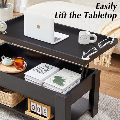 VECELO Lift Top Coffee Table with Storage Shelf and Hidden Compartment for Living Room/Office Reception, Dark Black - WoodArtSupply