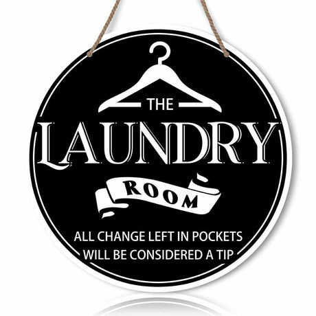 Laundry Room All Change Left In Pockets Will Be Considered A Tip Black Round Rustic Wood Sign Plaque Vintage Wall Art Cute Wooden Hanging Sign Decor for Home Farmhouse Bathroom 12 Inch SCAZOMV