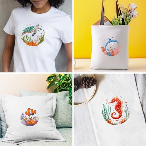 INFUNLY 4 Sets Whale Embroidery Kits for Beginners DIY Cross Stitch Starter Kits with Turtles Seahorses Patterns Fish Sea Animals Embroidery Kits with Instructions Embroidery Cloth Hoops Threads Tools