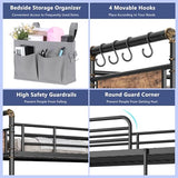 Jocoevol Metal LED Bunk Bed Twin Over Twin with 2 Storage Drawers, USB Charging Station, Industrial Bunkbeds Heavy Duty Bed with Safety Guardrail and Ladder, No Box Spring Needed, Vintage Brown Jocoevol