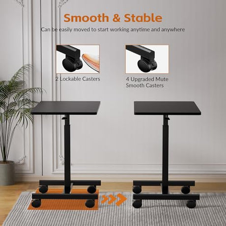 CROWNFURN Mobile Small Standing Rolling Desk Adjustable Height, Portable Laptop Desk on Wheels, Workstation for Home Office with Hook,Black CROWNFURN