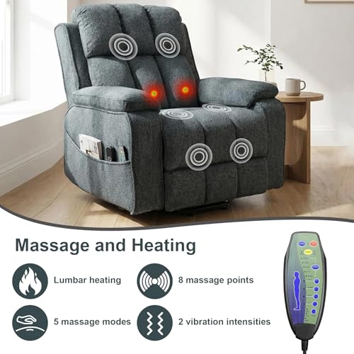 RHHVVR Oversized Lay Flat Recliner for Adults, Large Power Lift Recliner Chair with Extended Footrest, Electric Massage Living Room Sofa Chair, Side Storage Box Cup Holder, Blue Grey