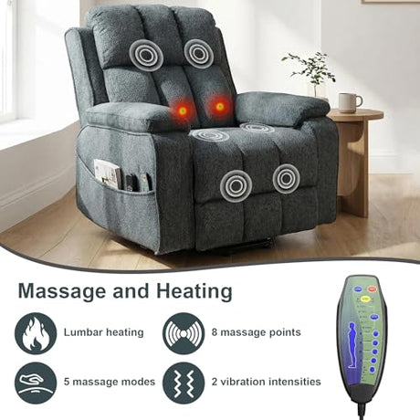 RHHVVR Oversized Lay Flat Recliner for Adults, Large Power Lift Recliner Chair with Extended Footrest, Electric Massage Living Room Sofa Chair, Side Storage Box Cup Holder, Blue Grey RHHVVR