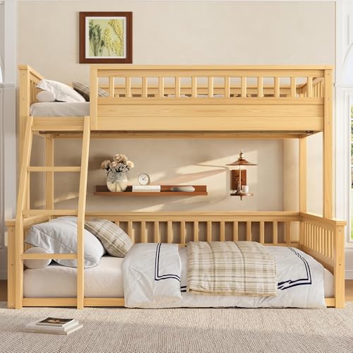 Bellemave Twin Over Full Bunk Bed for Kids/Adults,Floor Bunk Beds with Inclined Ladder,Solid Wood Low Bunk Bed for Teens,Girls,Boys,Detachable,Natural Bellemave