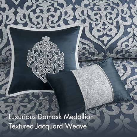 Madison Park Odette Cozy Comforter Set Jacquard Damask Medallion Design - Modern All Season, Down Alternative Bedding, Shams, Decorative Pillows, King(104 in x 92 in), Navy 8 Piece Madison Park