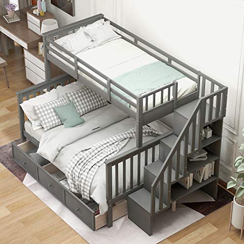 MERITLINE Grey Twin Over Full Bunk Bed with Stairs, Storage Drawers, and Safety Features MERITLINE