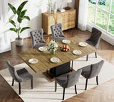 Goujxcy 78.7" Farmhouse Extendable Dining Room Table Set for 6, 7-Piece Rectangle Kitchen Dining Room Table Set with Wood Base and 6 Grey Velvet Dining Chairs, Extending Kitchen & Dining Table Set Goujxcy